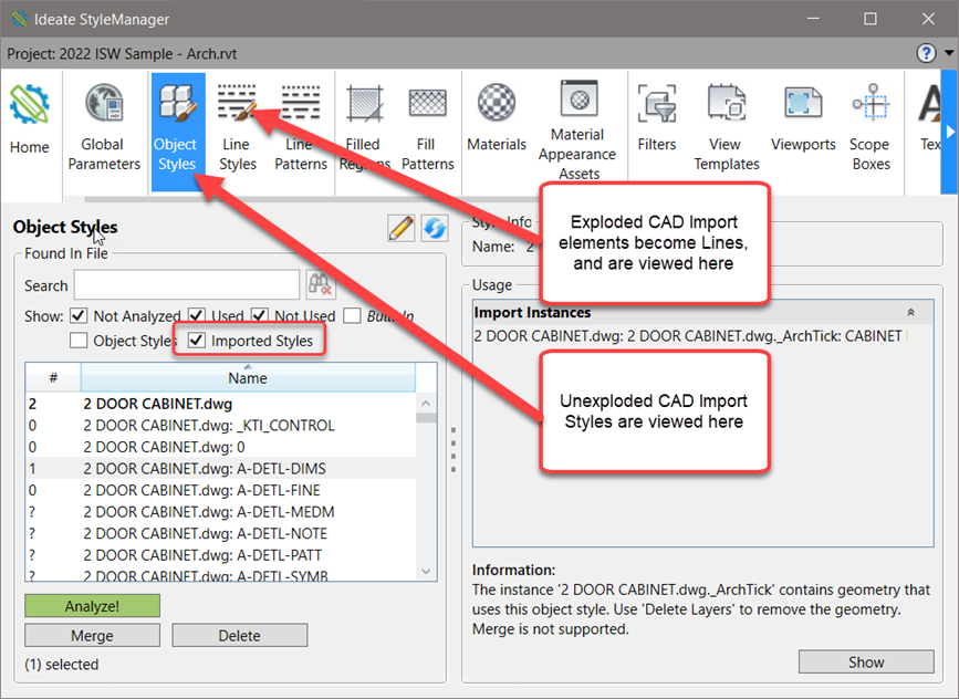 Exploded CAD Import Elements and Unexploded CAD Import Styles in Ideate StyleManager for Revit