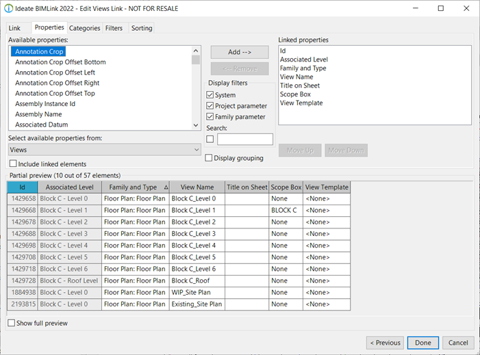 This dialog shows some existing views within the Revit model. You can optionally filter out any existing views, so you only show the proper column headers.