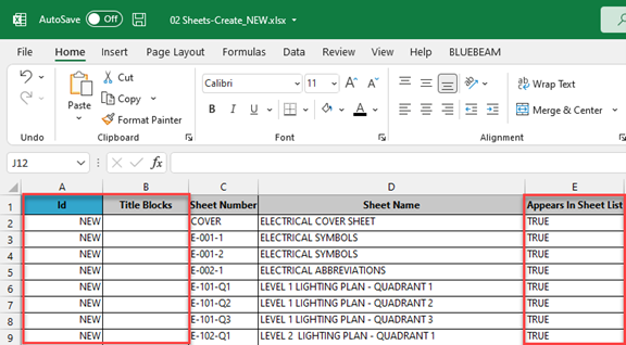 Since we are interested in creating placeholder sheets in the federated model by using the Sheet Name and Sheet Numbers from the consultant links, all we need to do is erase the element ID numbers (column A) and replace them with the word NEW.
