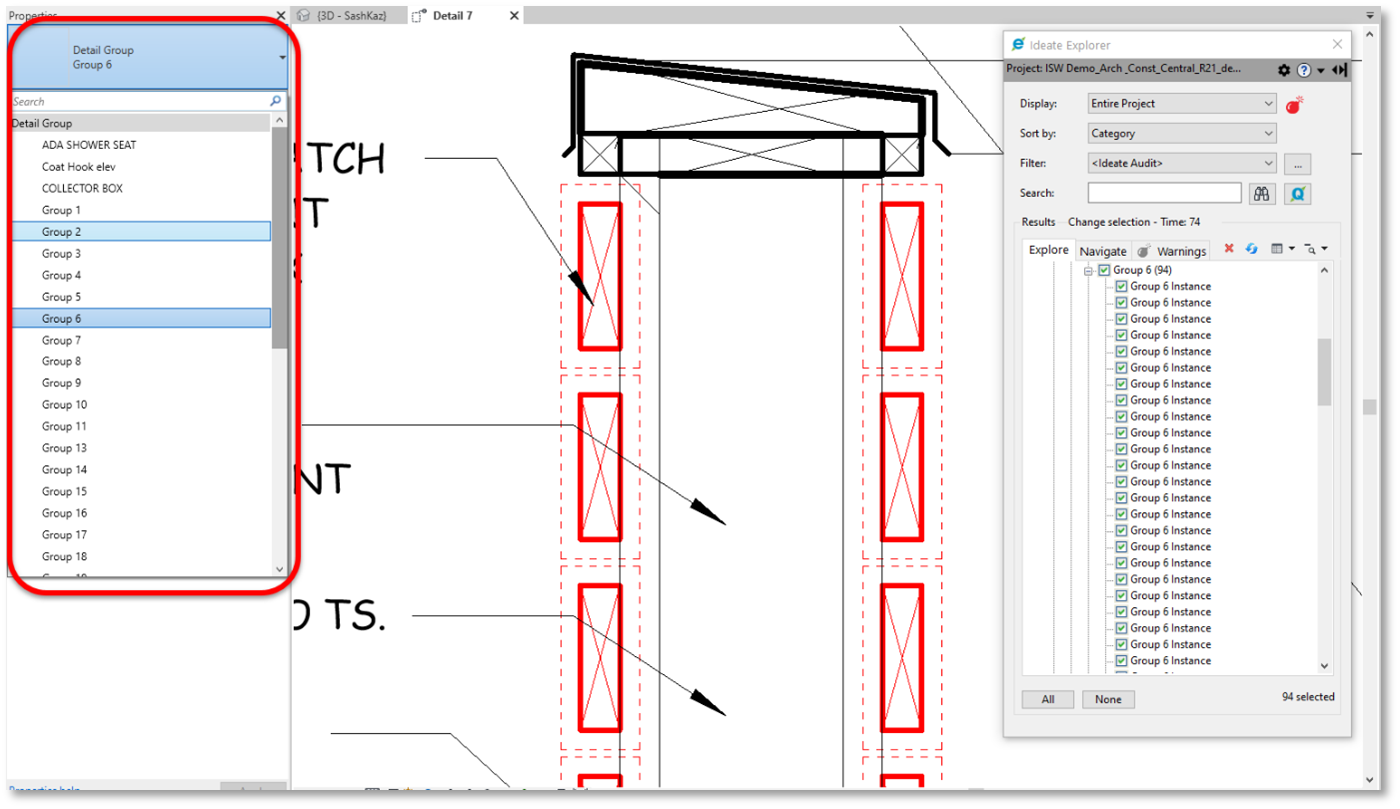 Screenshot showing it's not possible in Revit to select groups and swap them with model or detail components