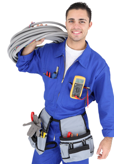 A man in a blue uniform is holding a coil of wires