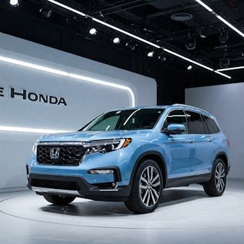Blue Honda SUV on display at an auto show booth