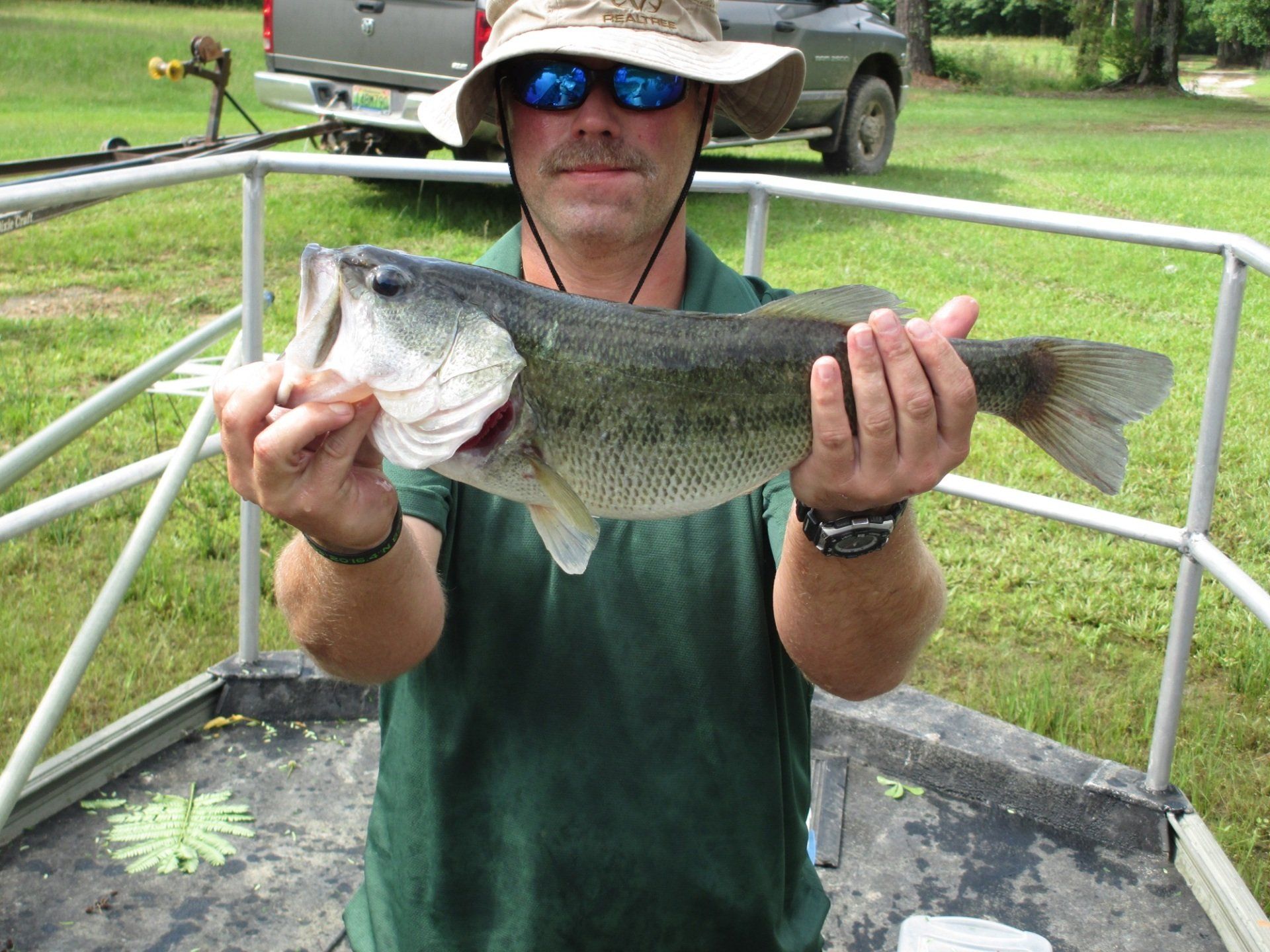 Man holding a large largemouth bass, wearing sunglasses and a hat. Green shirt, outdoors, sunny.