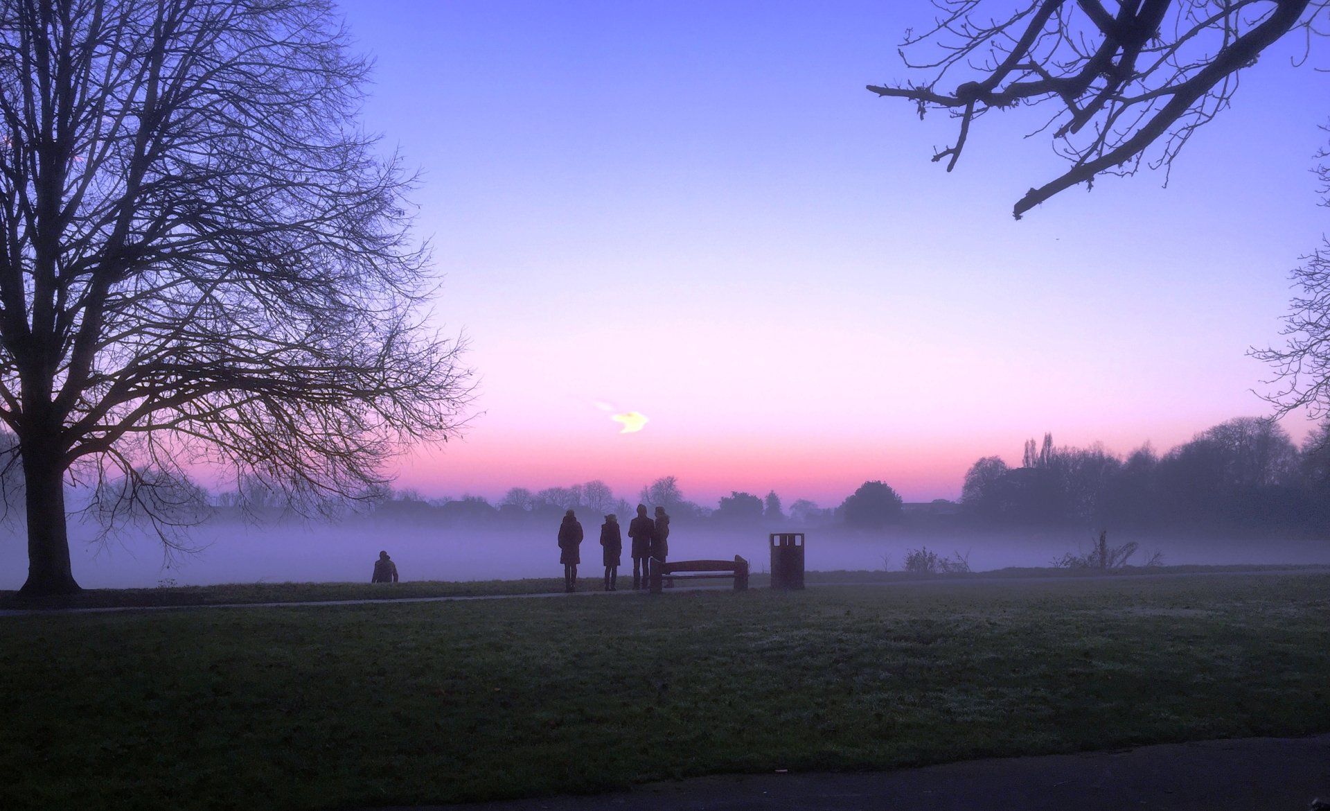 A group of people are standing in a park at sunset.