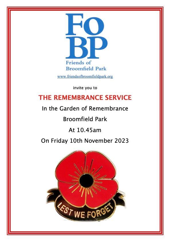 A poster for the remembrance service in the garden of remembrance in broomfield park