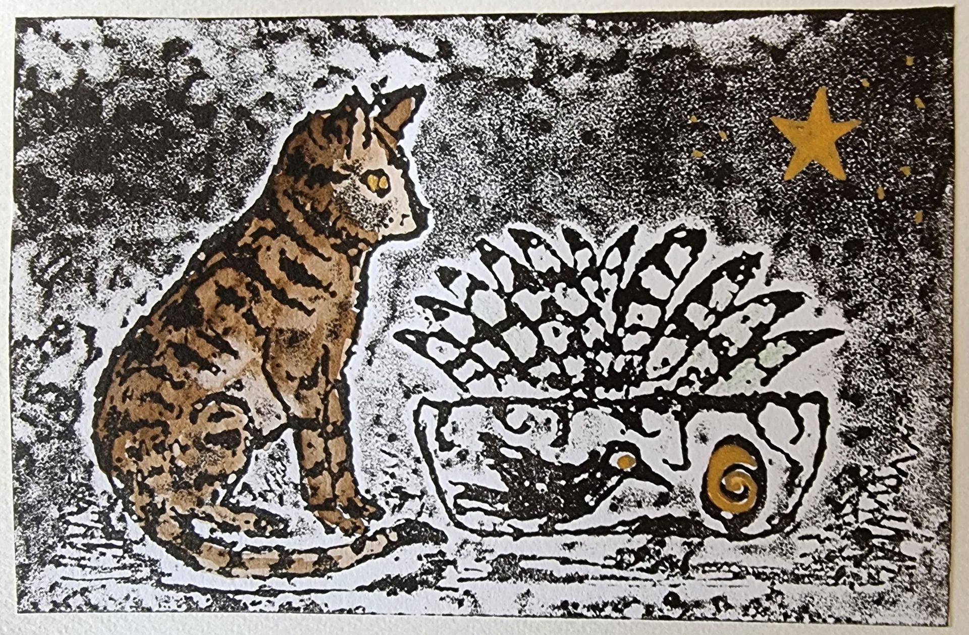 A painting of a cat sitting next to a potted plant