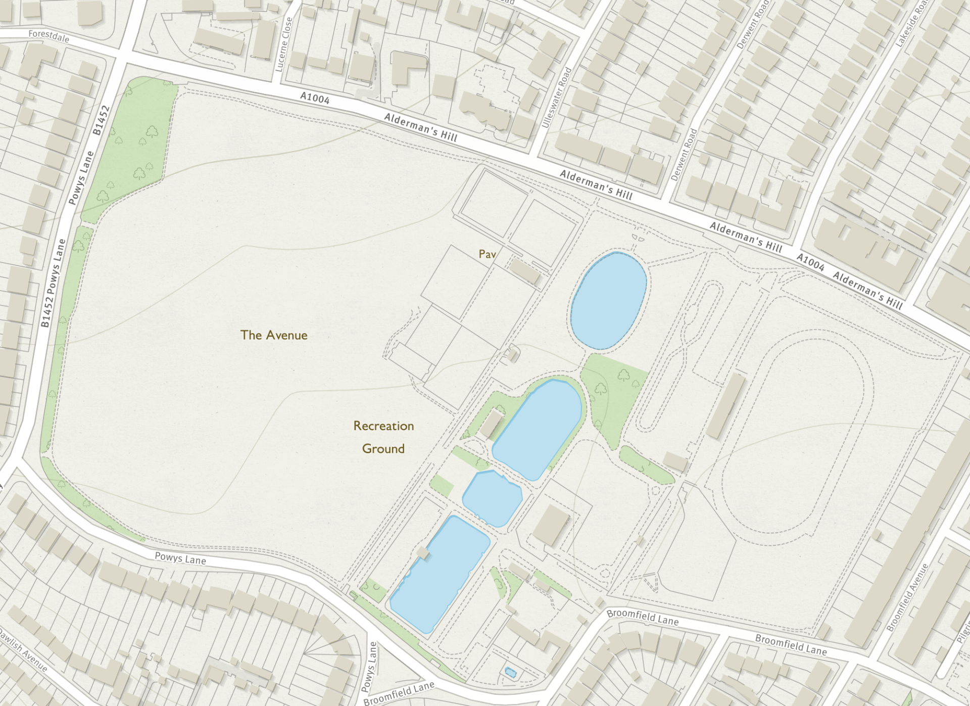 A map of a park with a lot of buildings and ponds
