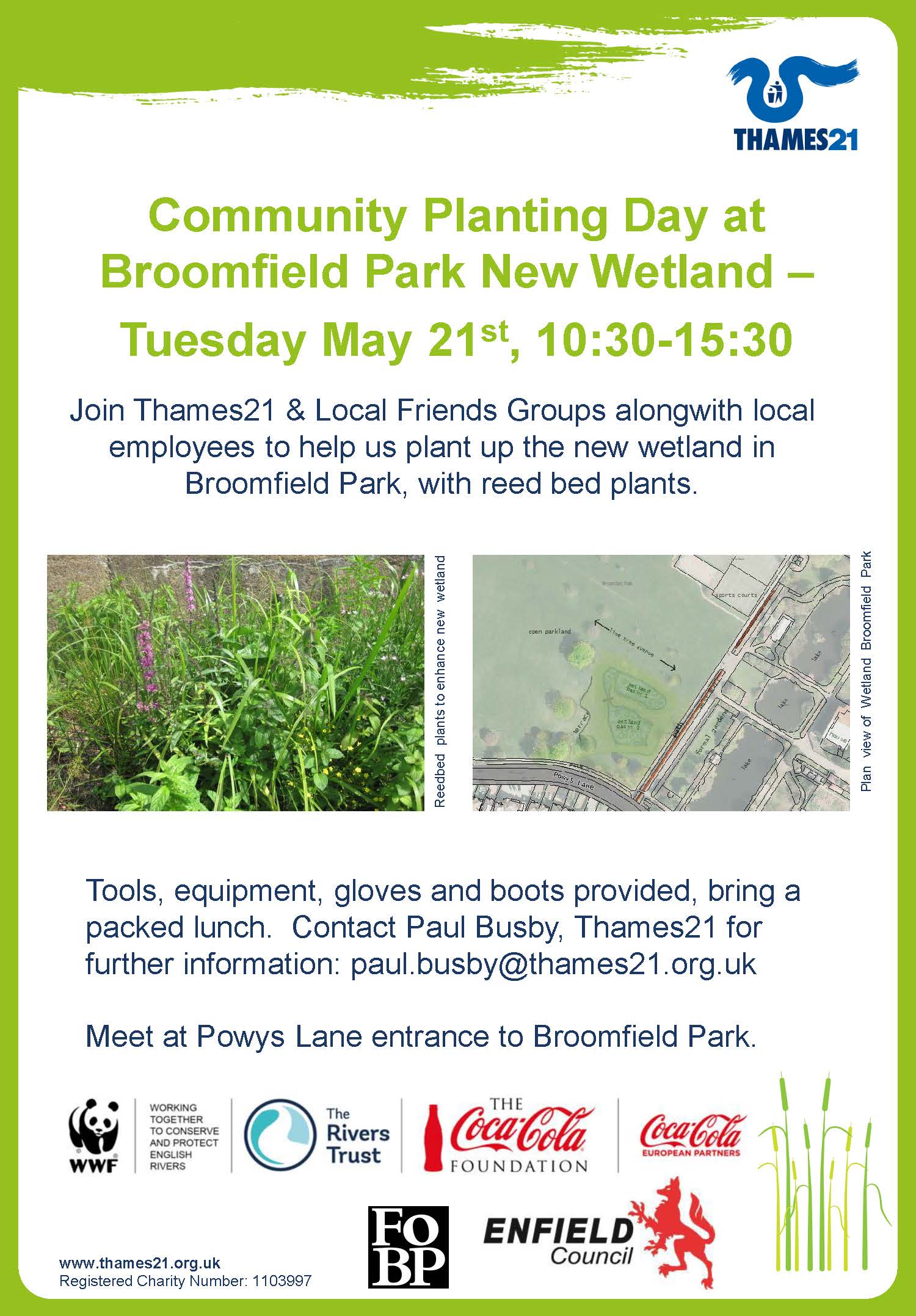 A poster for a community planting day at broomfield park new wetland