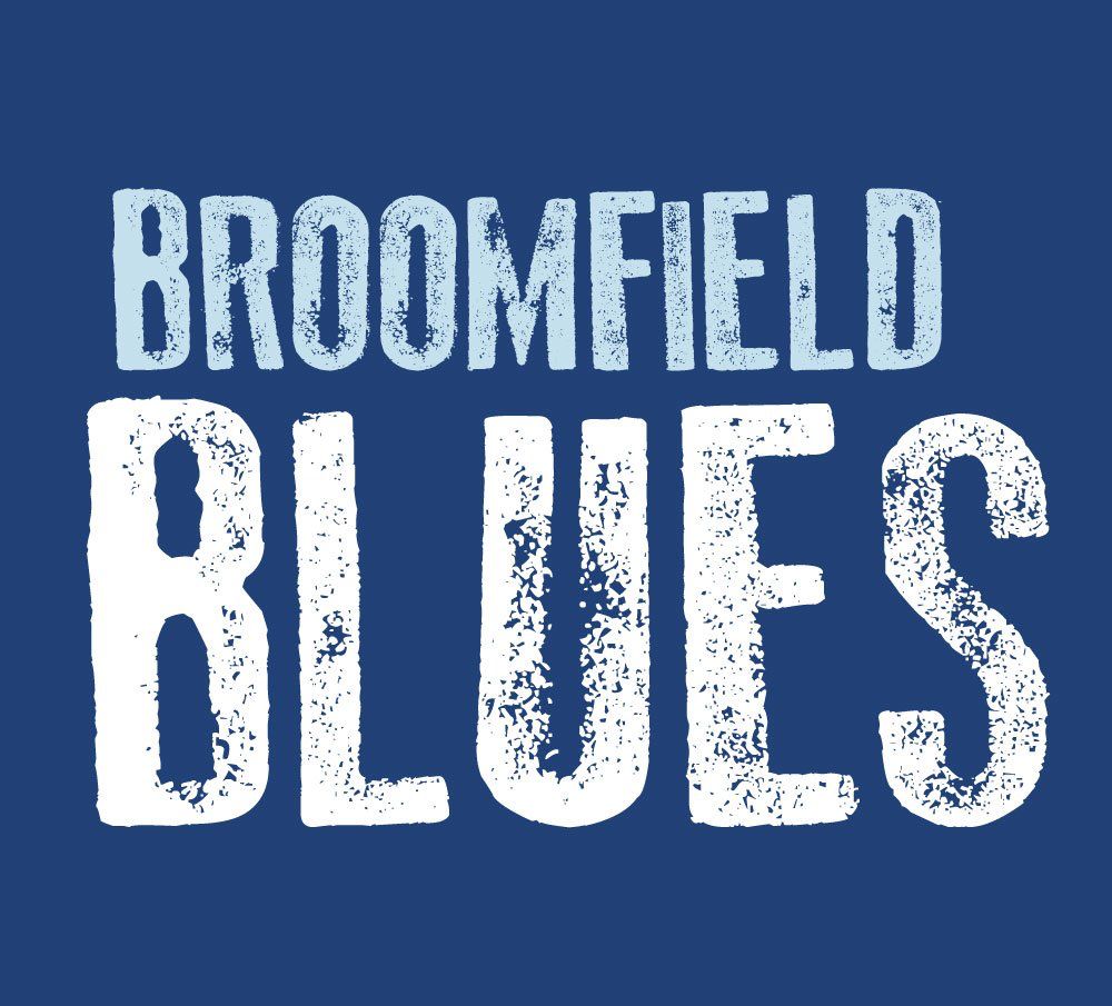 A blue background with white text that says broomfield blues