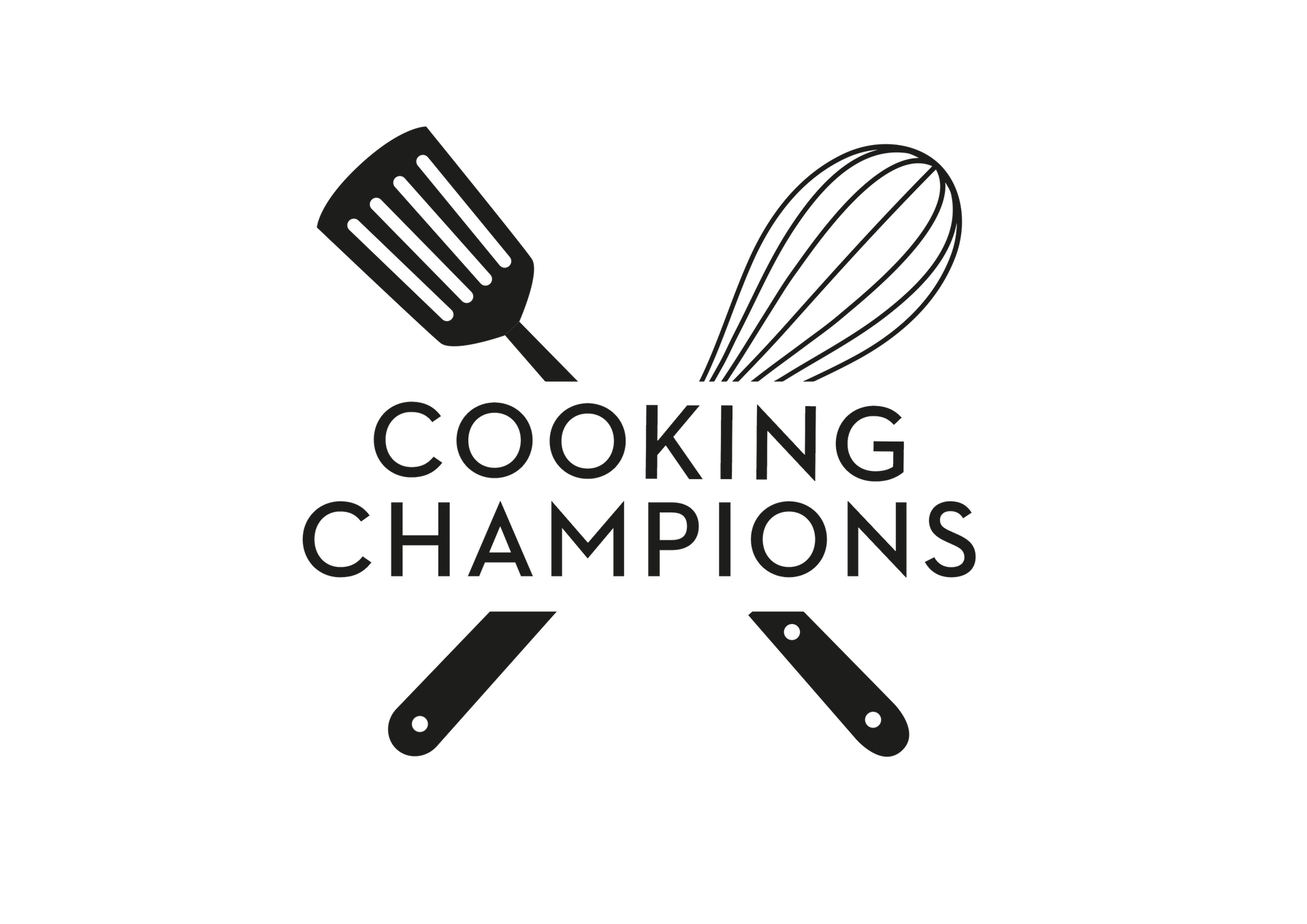 A logo for cooking champions with a spatula and whisk crossed over each other.