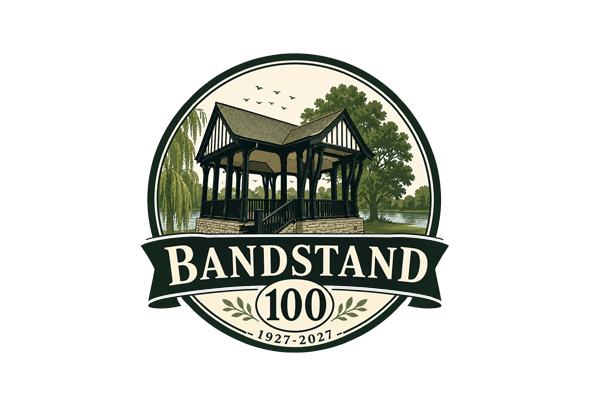 Illustrated Bandstand 100 anniversary logo with gazebo, trees, and “1927–2027” text.