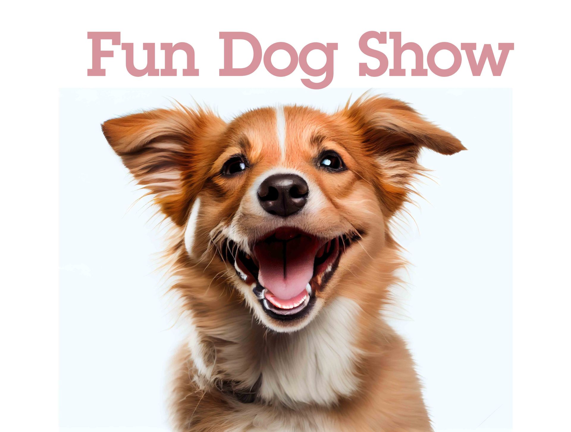A brown and white dog is smiling with its mouth open at a fun dog show.