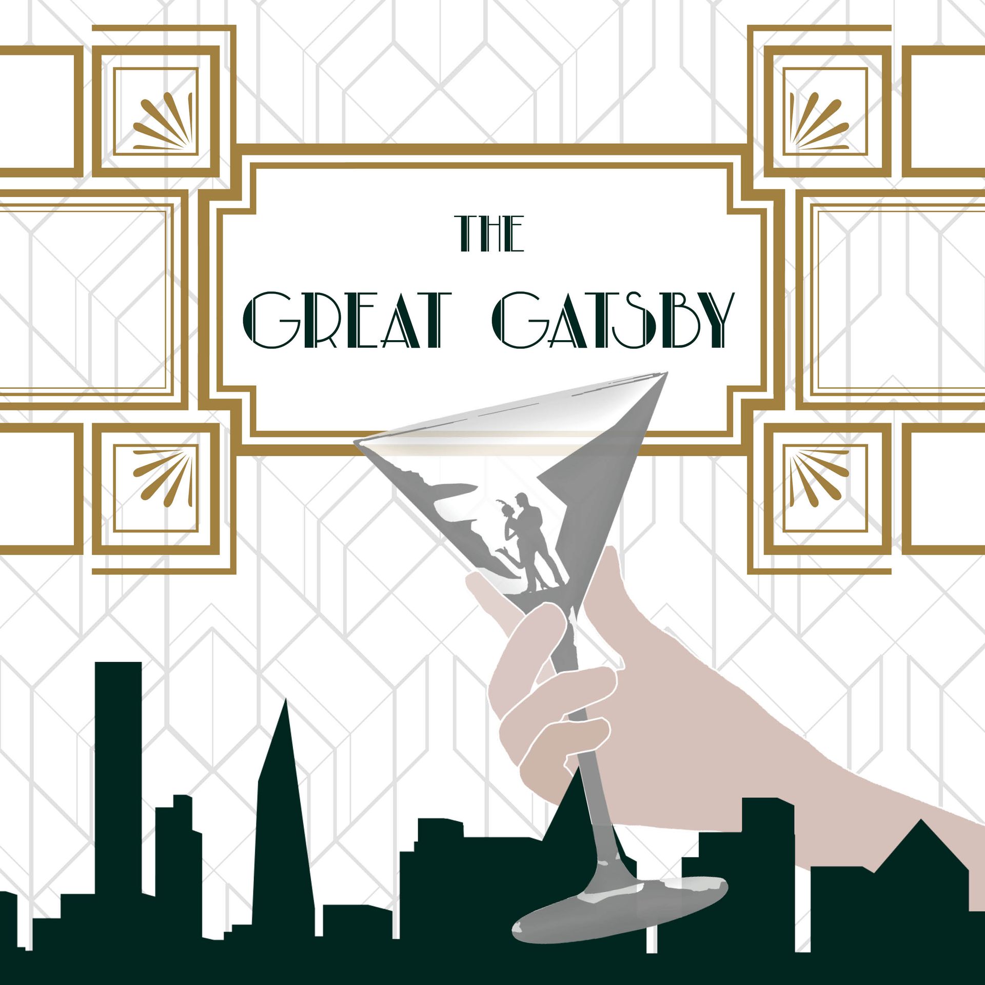 A poster for the great gatsby with a hand holding a martini glass