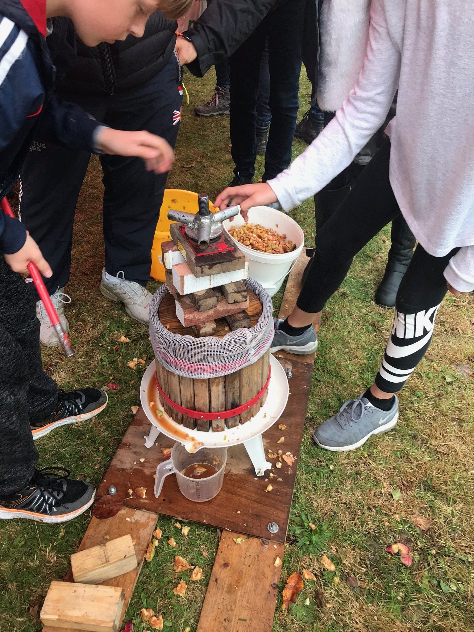 A group of children are using a fruit press to make apple cider.