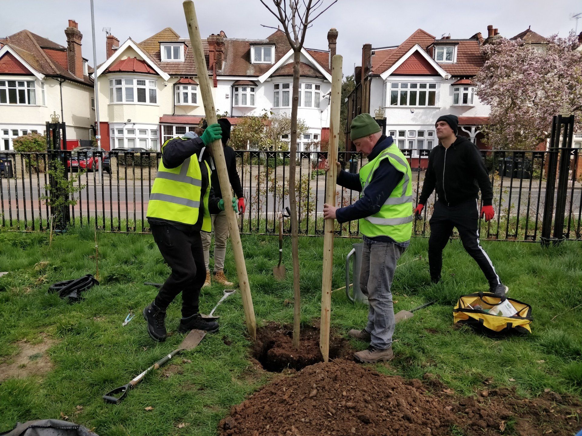 A group of people are planting trees in a park.