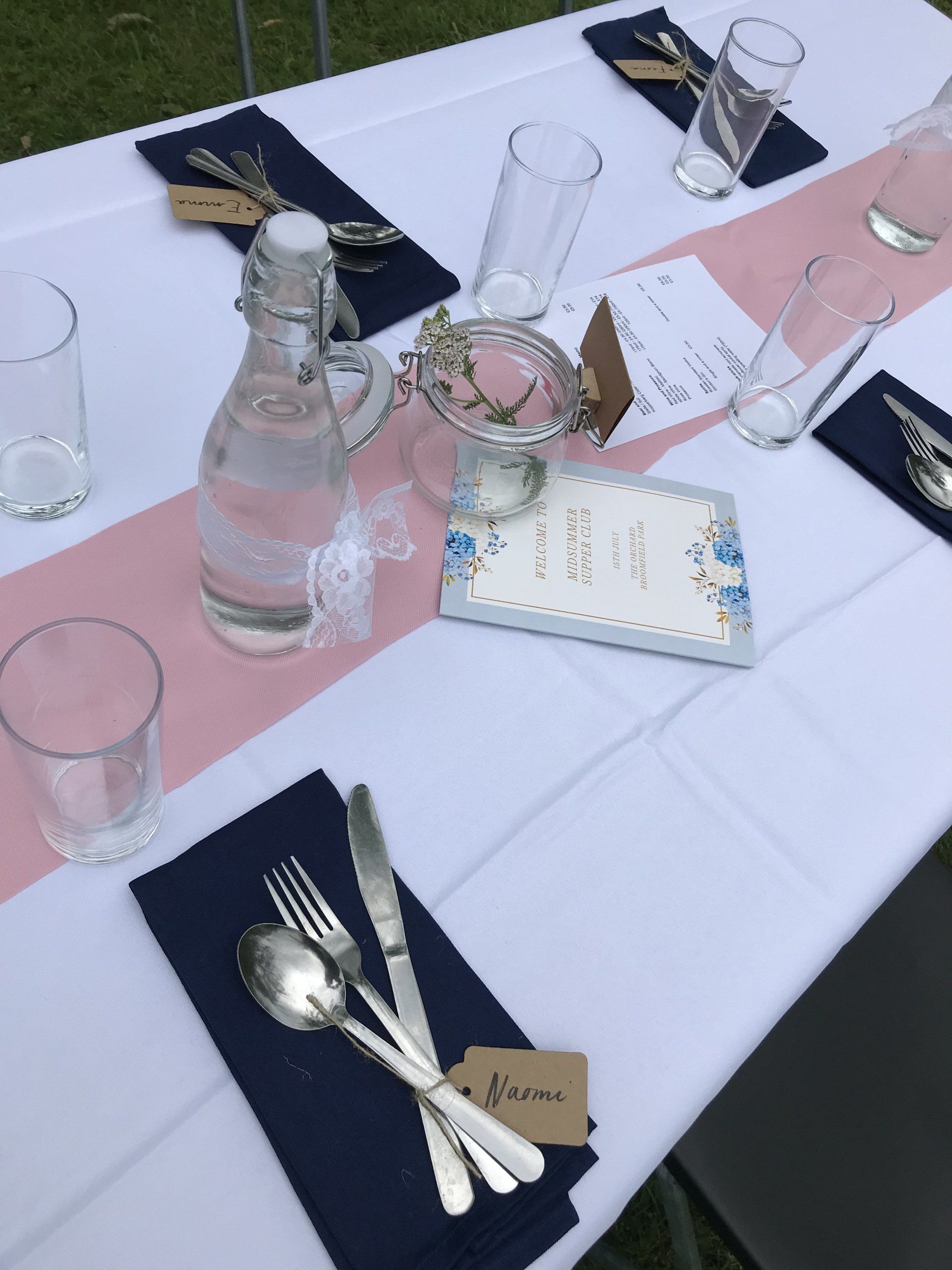 A table with a bottle of water and glasses on it