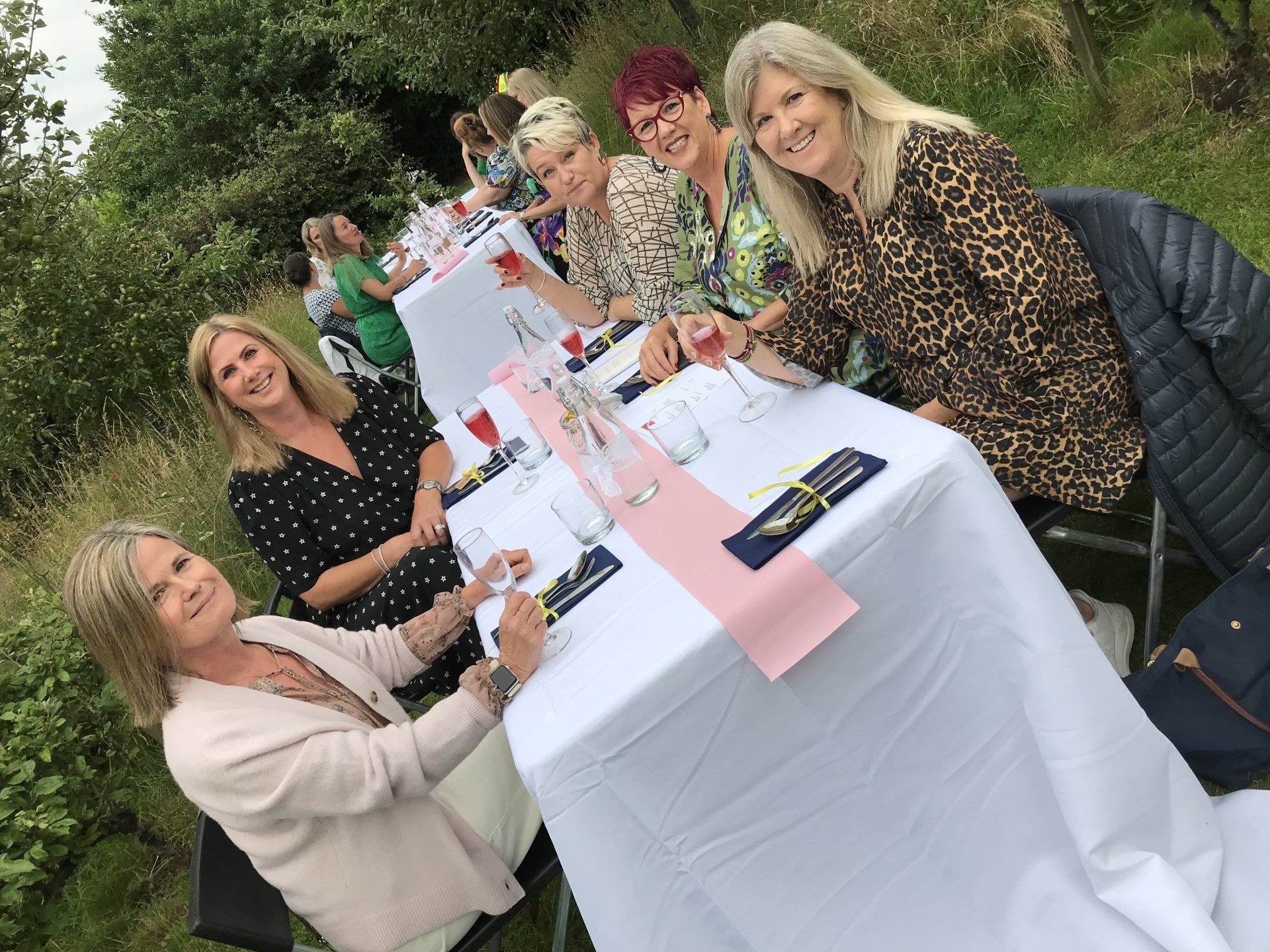 A group of women are sitting at a table holding wine glasses.