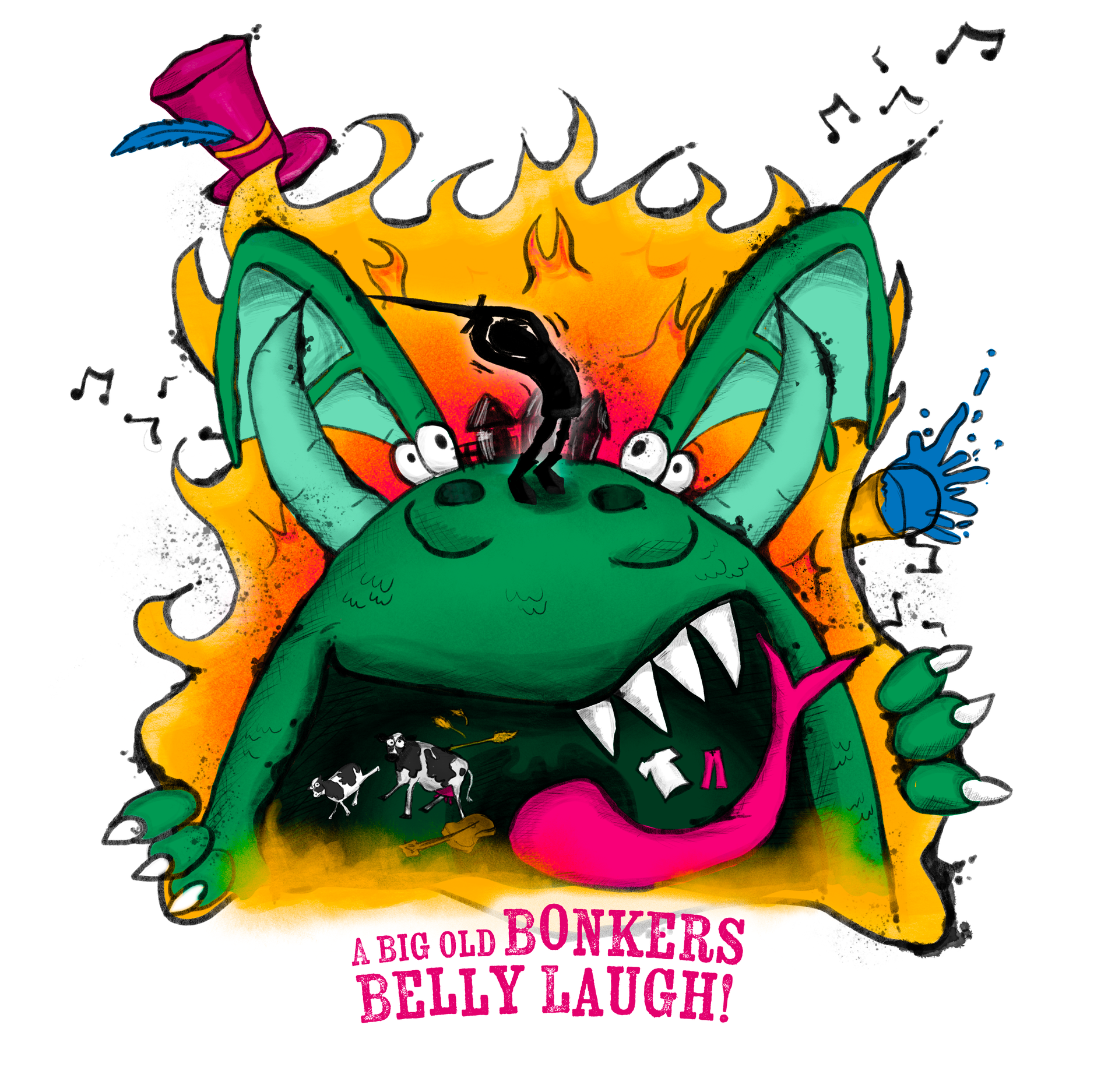 A cartoon of a monster with the words a big old bonkers belly laugh