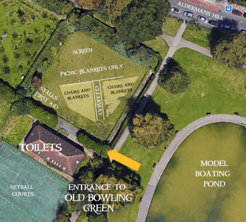 An aerial view of the entrance to old bowling green