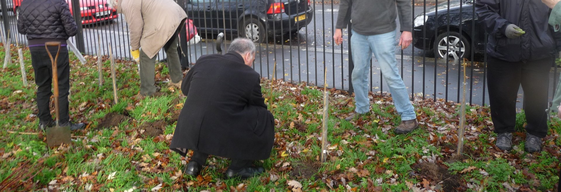 A group of people are kneeling down in the grass.