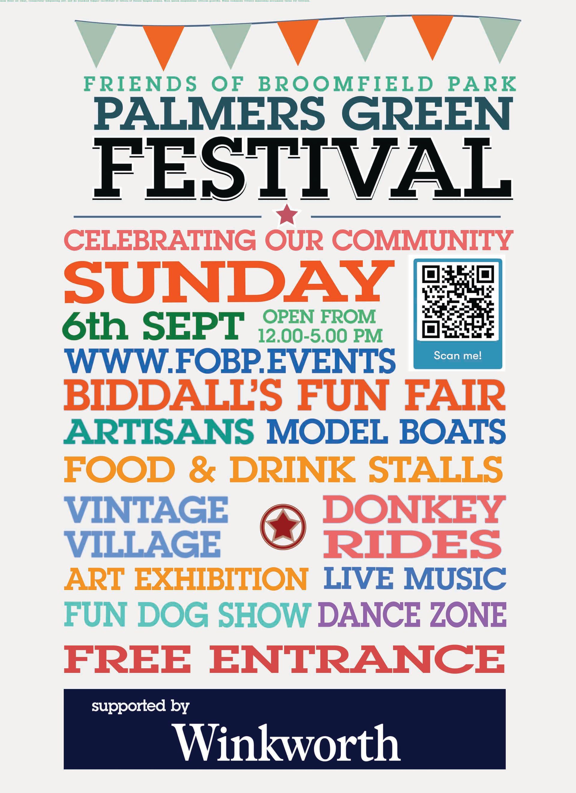 A poster for the friends of broomfield park palmers green festival