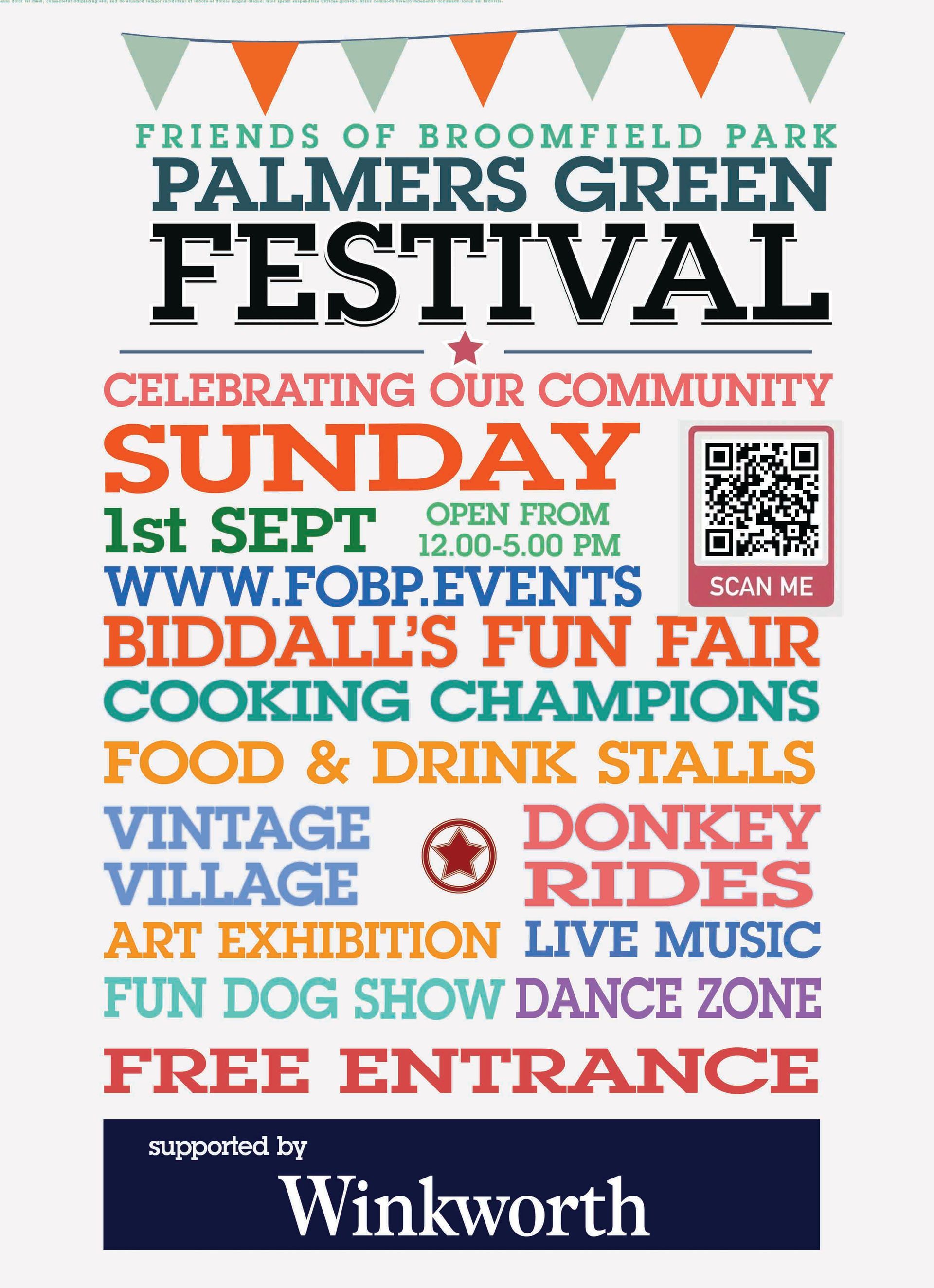 A poster for the friends of broomfield park palmers green festival
