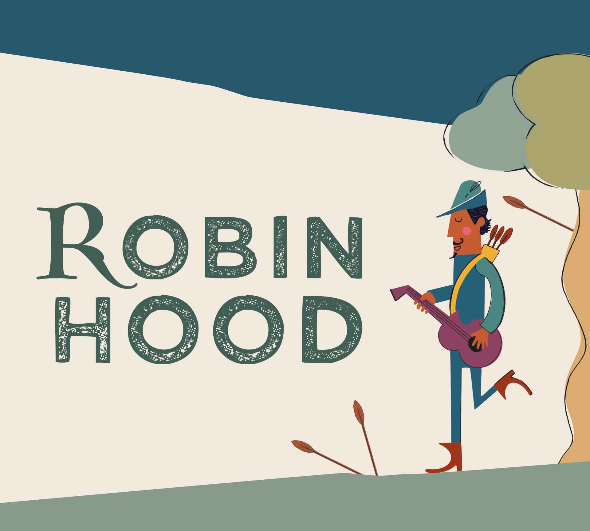 An illustration of robin hood with a man holding a guitar