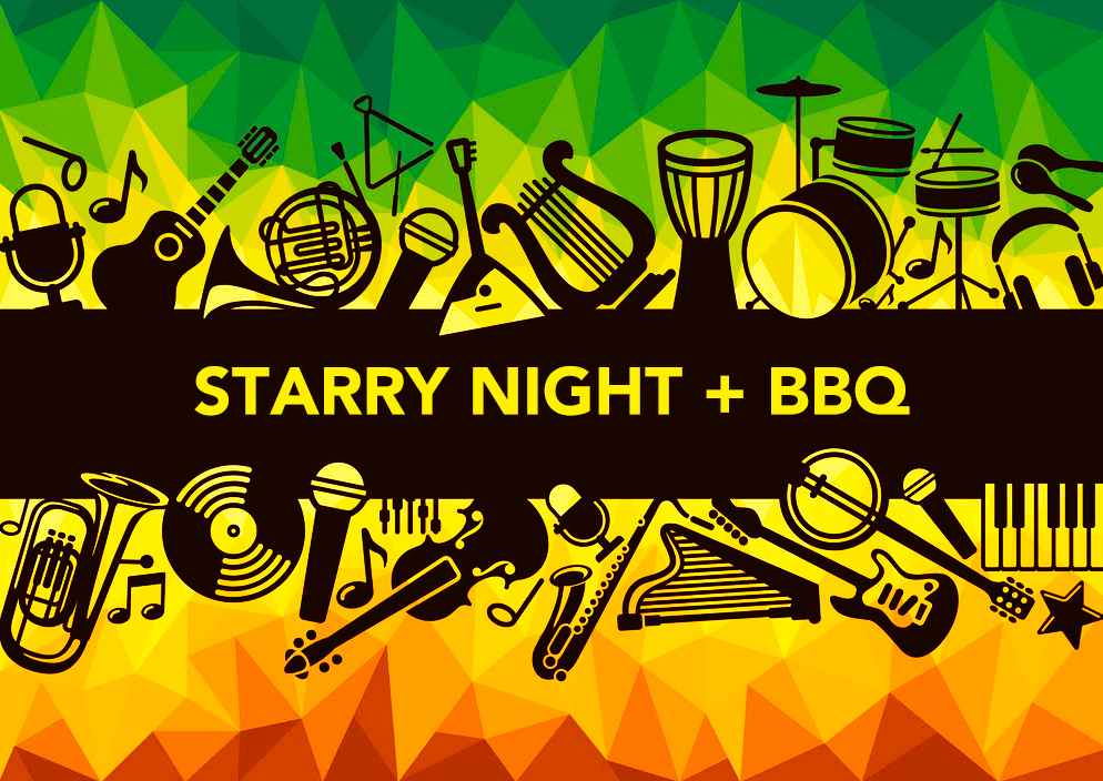 A poster for a starry night and bbq