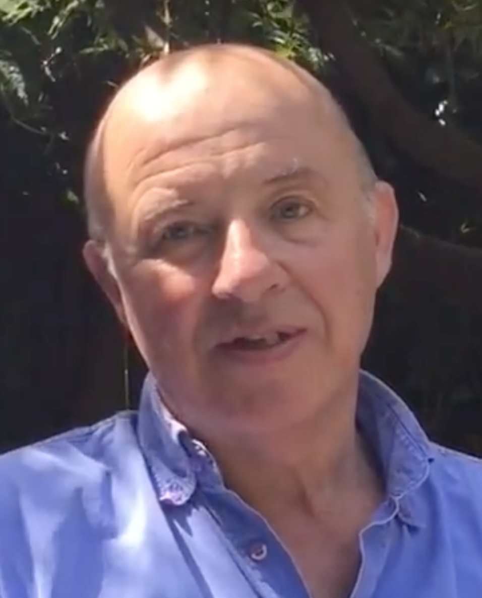 A bald man wearing a blue shirt is looking at the camera.