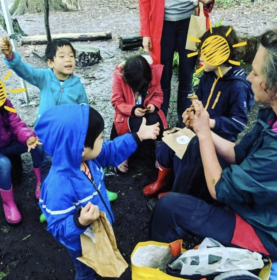 A group of children are gathered around a man in a blue jacket