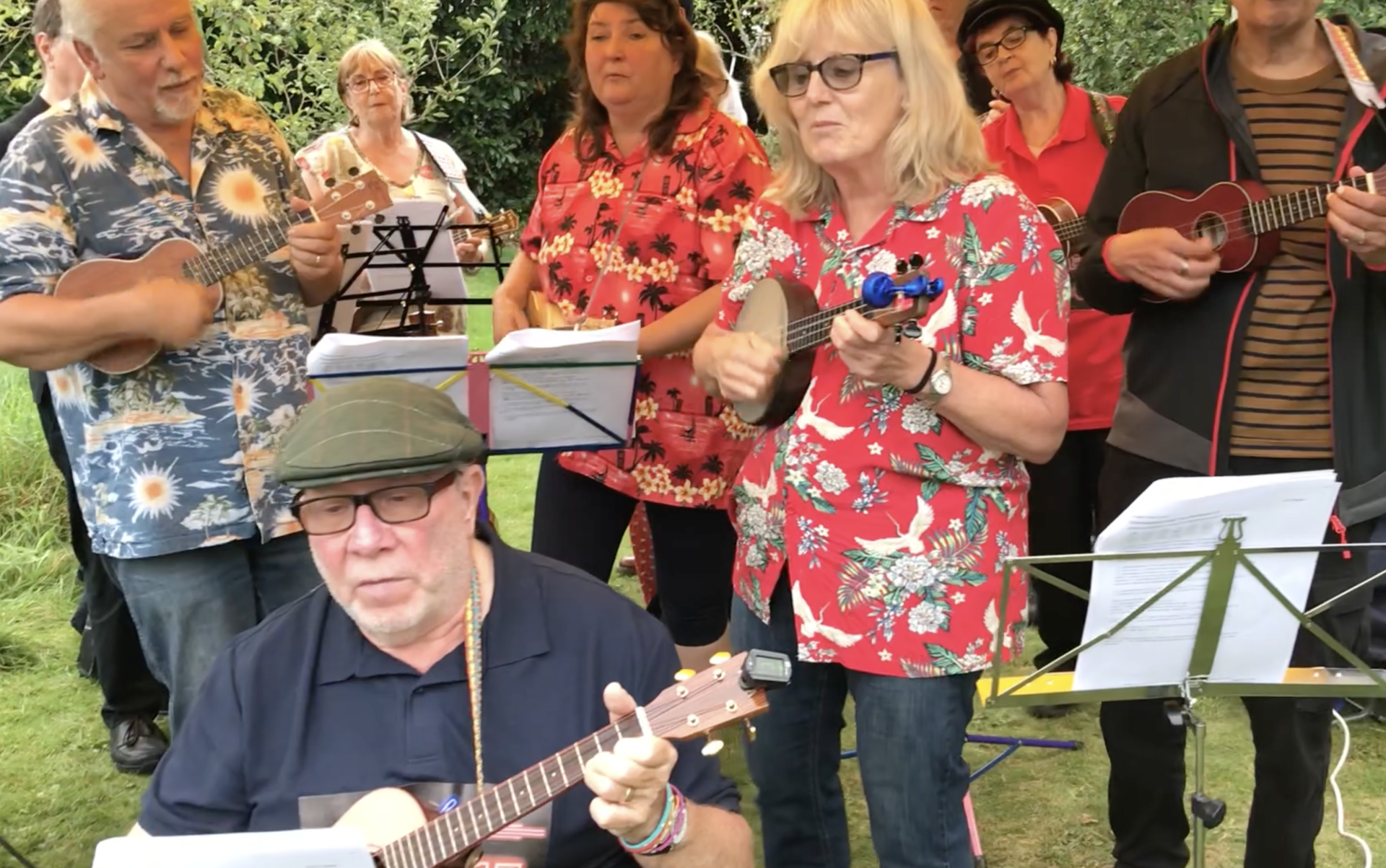 A group of people are playing ukuleles in a park.