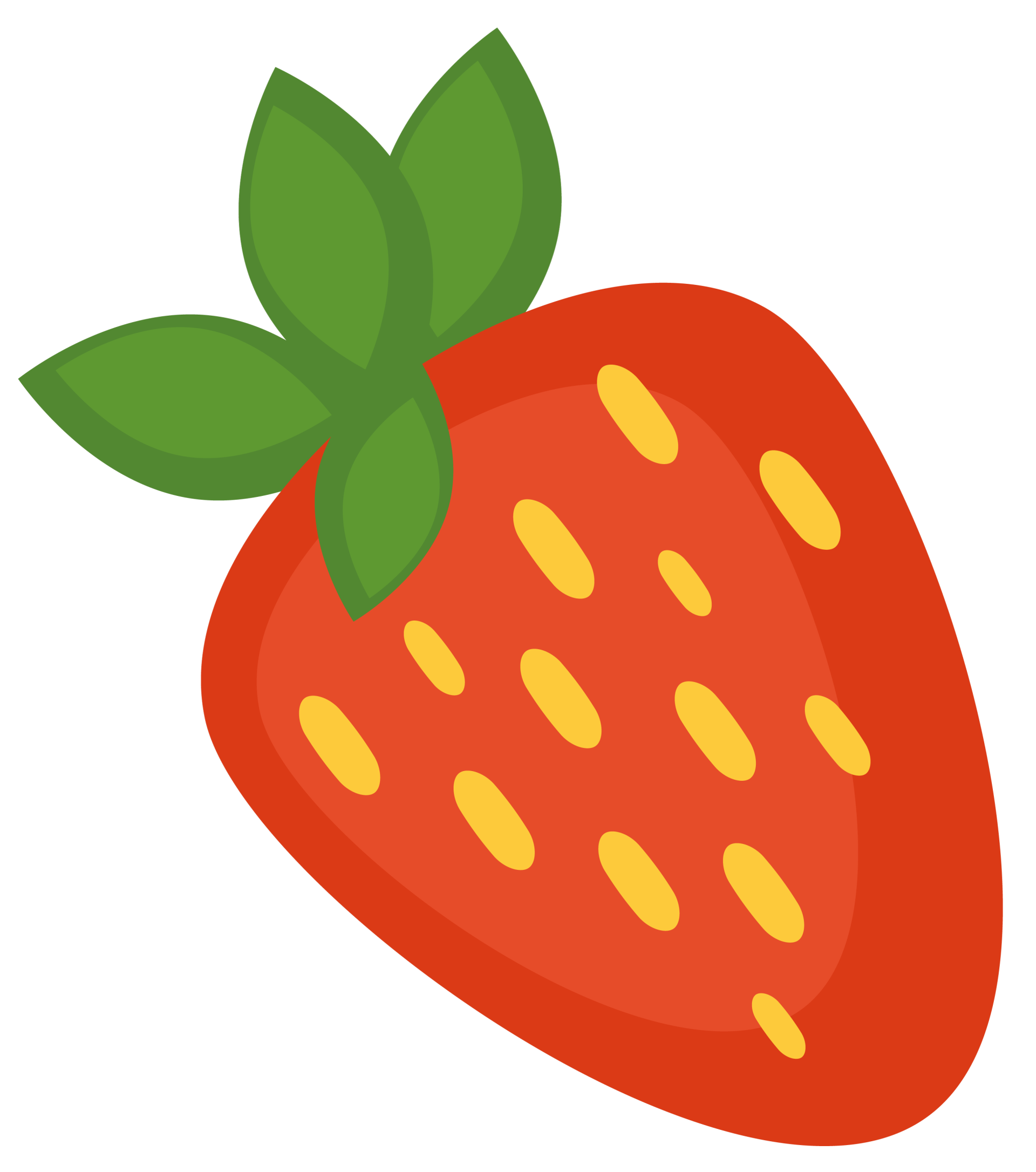 A strawberry with yellow spots and green leaves on a white background