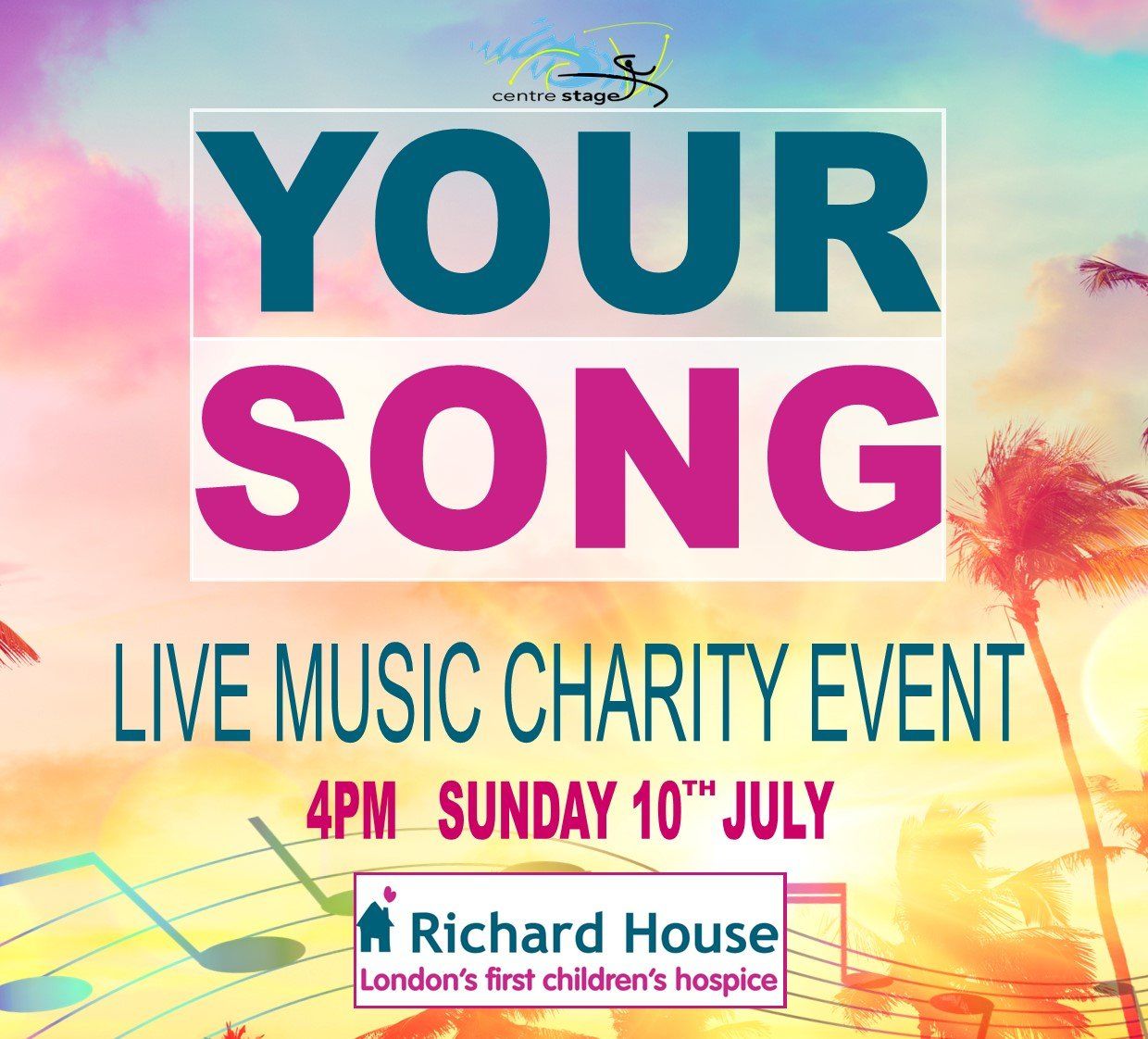 A poster for a live music charity event called your song