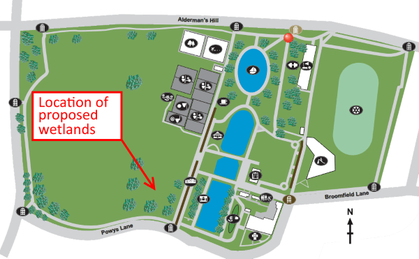 map of Broomfield Park with location of proposed wetlands