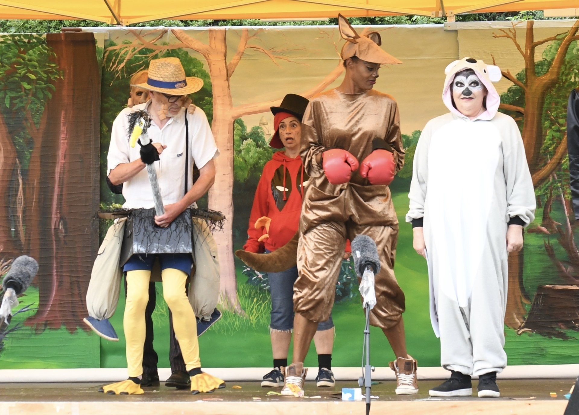 A group of people in costumes are standing on a stage.