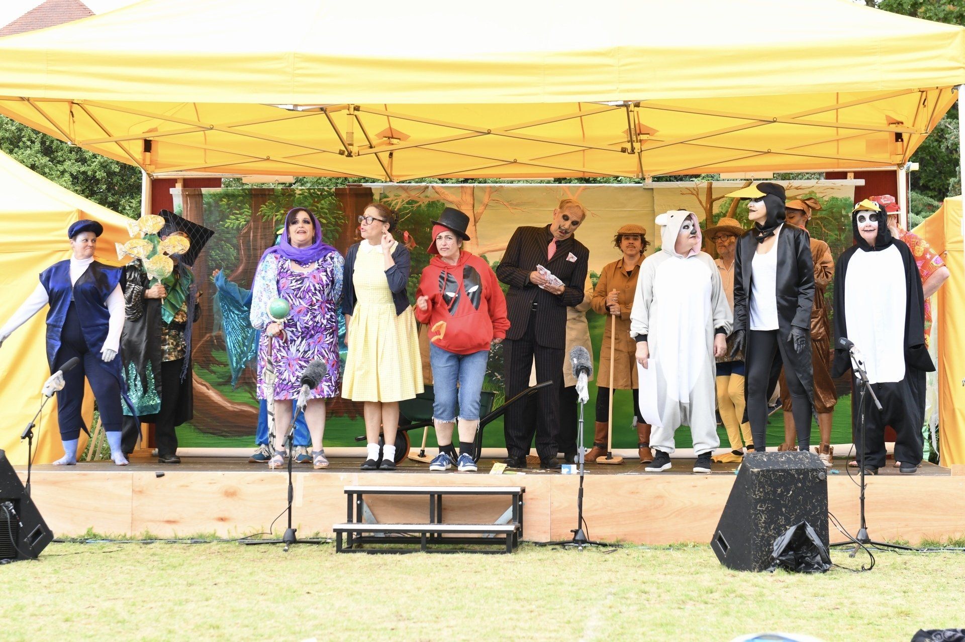 A group of people dressed in costumes are standing on a stage.