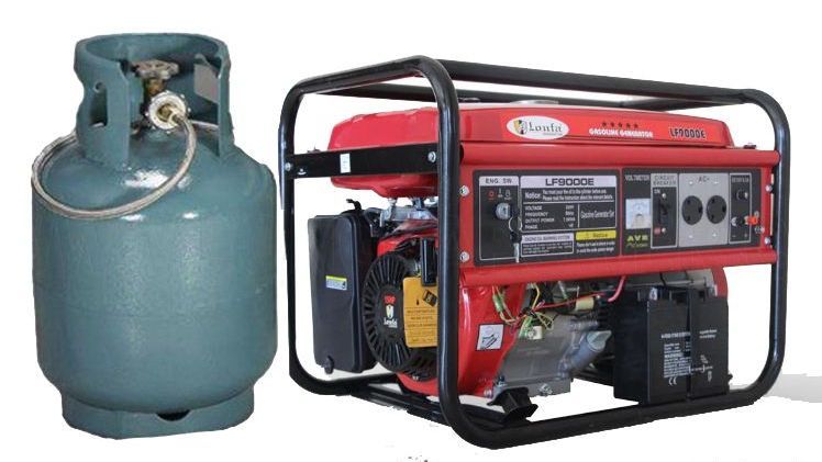 A propane cylinder next to a generator on a white background
