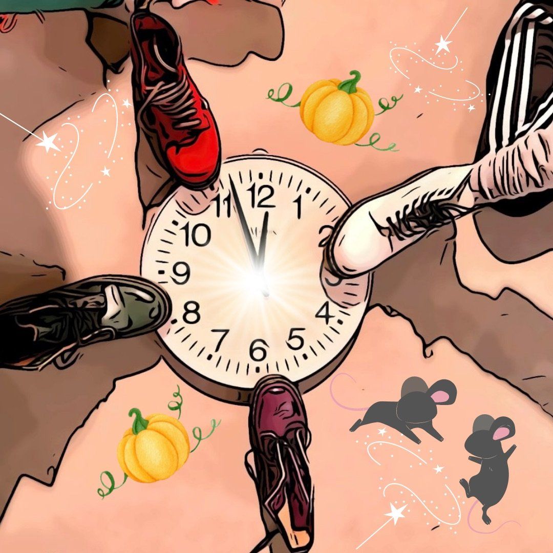 cartoon of four shoes stepping on a clock face