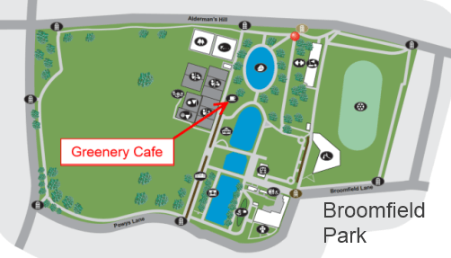 A map of broomfield park showing the greenery cafe