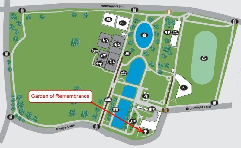 A map of a park with a red arrow pointing to the garden of remembrance