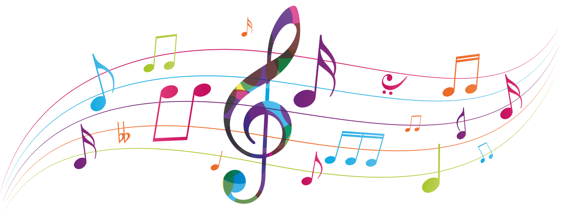 A colorful treble clef and music notes on a white background.