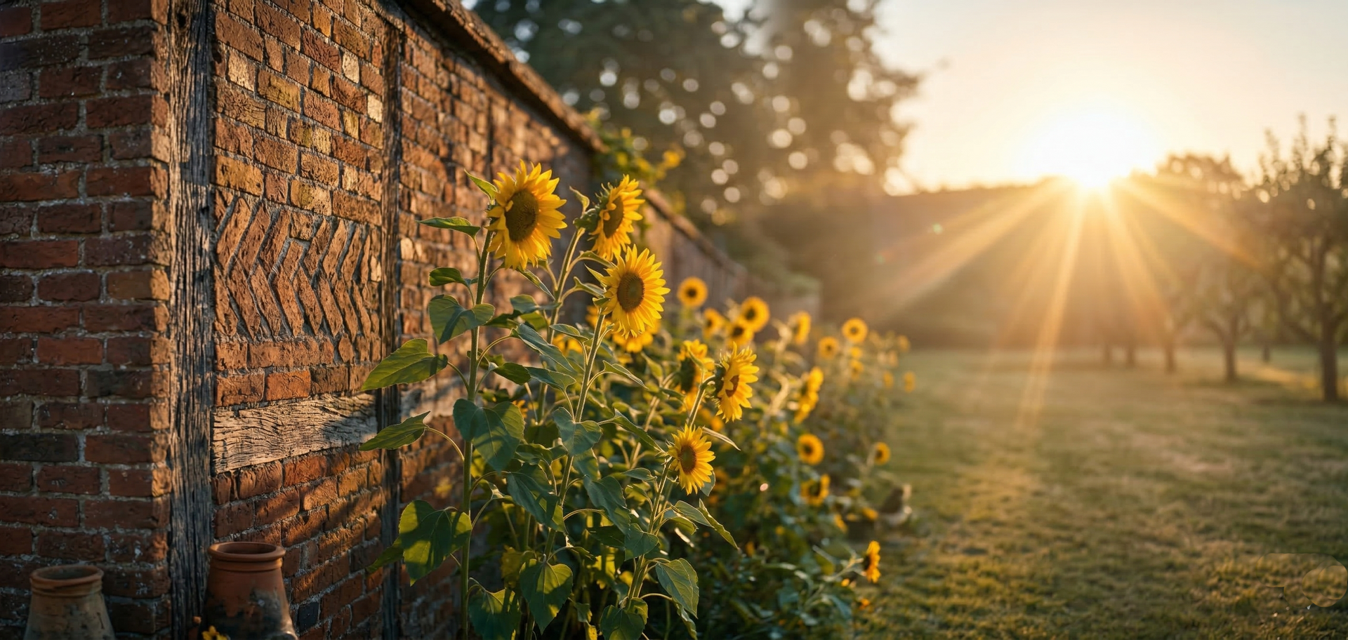 A garden of spring flowers with children's gardening tools and Easter eggs