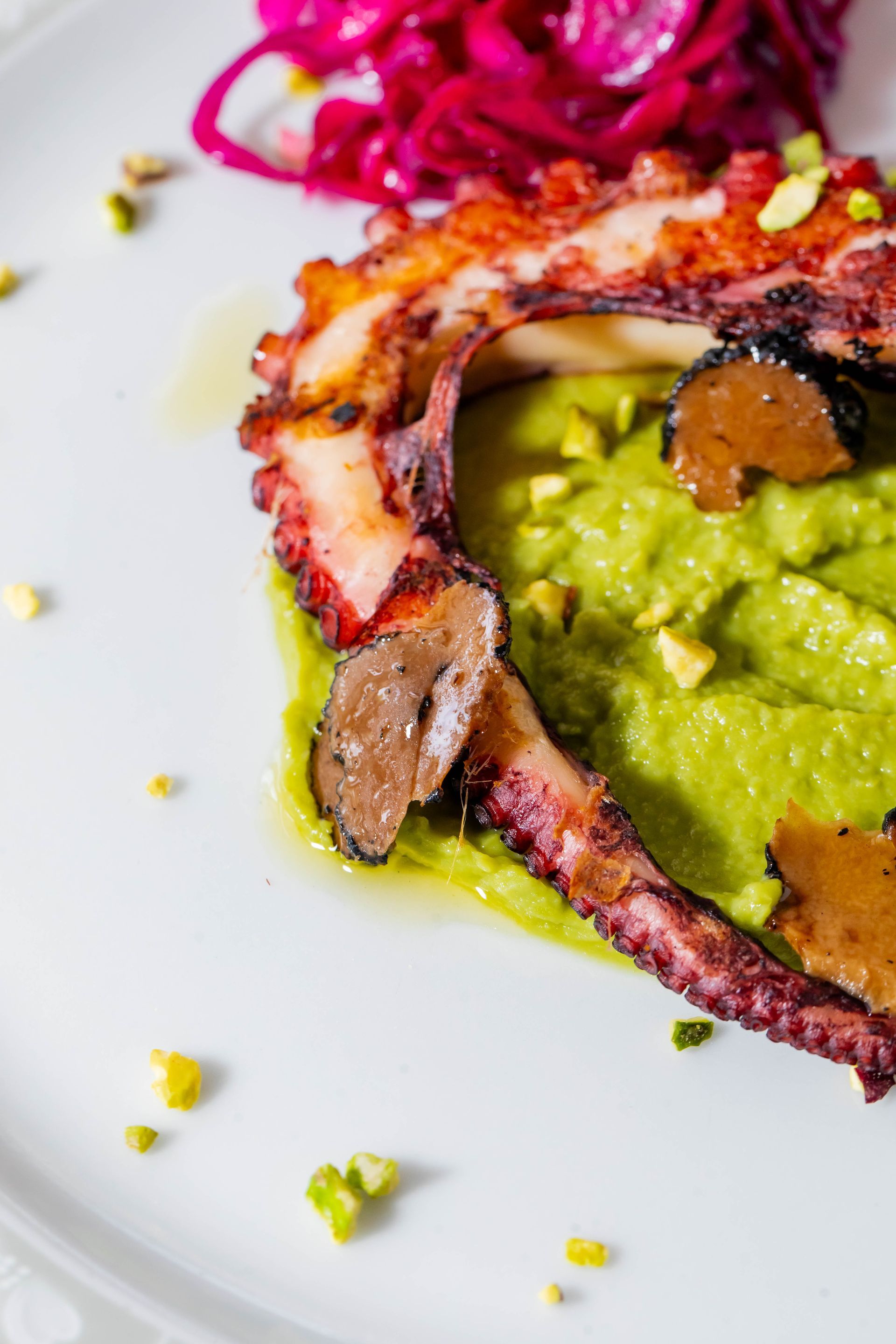 Primo piano di un piatto di cibo con un polpo e guacamole.