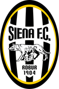 Logo of Siena F.C., a soccer team, featuring a black and white striped oval with a wolf suckling Romulus and Remus.