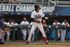 A baseball player is at bat during a baseball game.