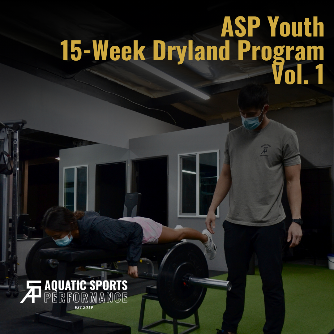 A person is lifting weights, supervised by a trainer, in a gym. Text overlay: ASP Youth 15-Week Dryland Program Vol. 1.