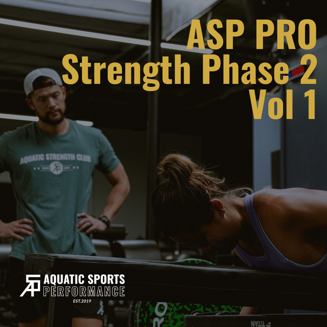 ASP PRO Strength Phase 2 Vol 1. A man watches a woman exercising in a gym. Logo: Aquatic Sports Performance.