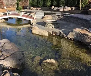 Stone-lined pond with a small bridge, rock fire pit, and stone patio.