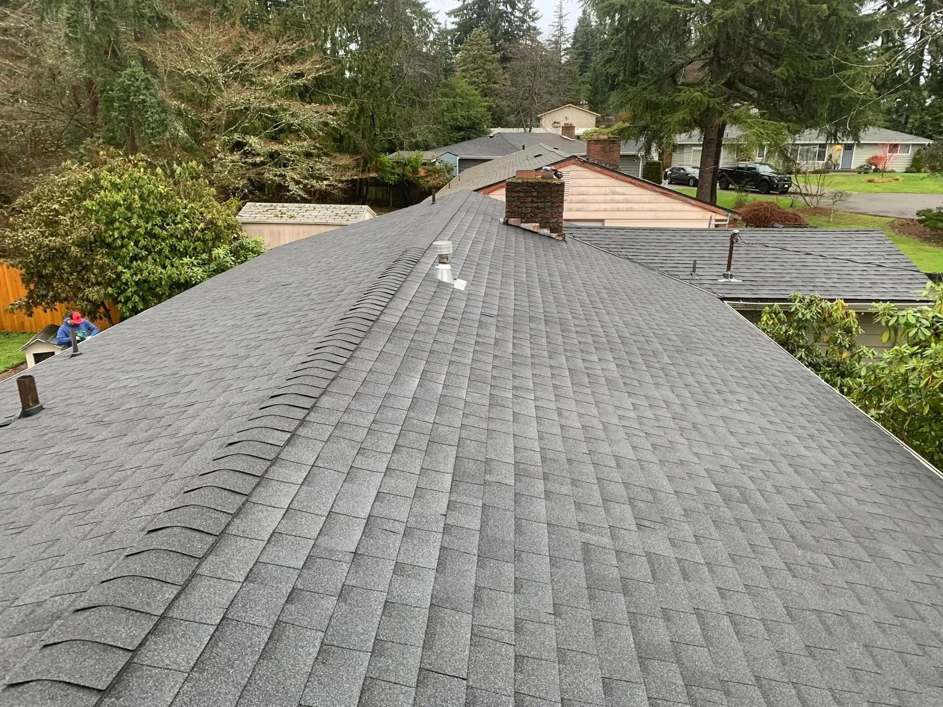 Gray asphalt shingle roof with a chimney and surrounding green trees.