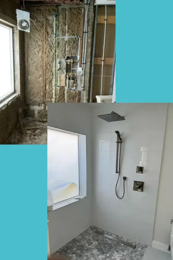 A before and after picture of a bathroom with a shower and a window.